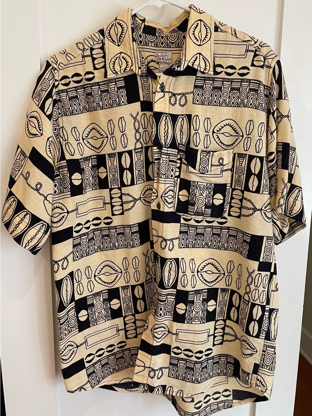 Artisons du Soleil 1960's Hawaiian Shirt Black & Beige Men's Large Cotton
